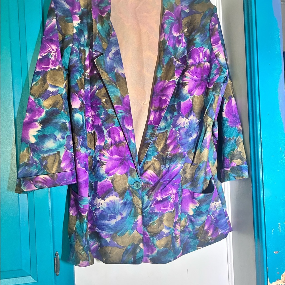 Floral Satin Blazer in Purple & Teal